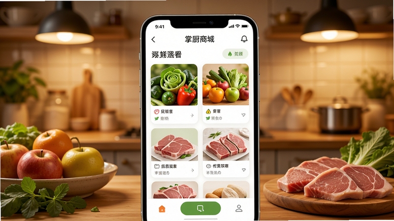 掌厨商城APP首页展示新鲜蔬菜水果和肉类商品的购物界面,画面中央是手机屏幕特写,背景是温馨的厨房环境,暖色调灯光,高清写实风格,细节丰富,突出生鲜食材的新鲜质感与APP的简洁操作界面