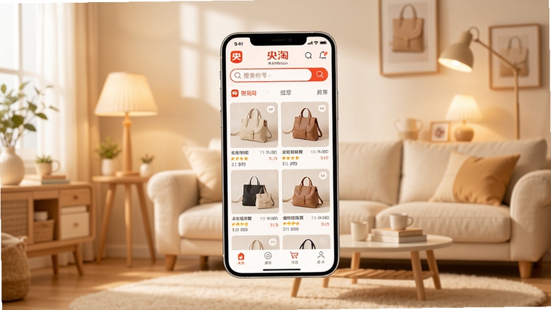 央淘购物应用界面全景展示图,画面中央是手机屏幕显示央淘APP首页,包含商品推荐瀑布流与搜索栏,背景为明亮温馨的家居购物场景,暖色调灯光,画面风格清新简约,突出央淘品牌标识与购物氛围