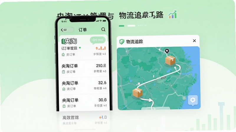 央淘订单管理与物流追踪功能展示图,画面主体为手机屏幕显示订单列表与物流轨迹地图,包裹图标沿路线移动,背景为浅绿色与白色搭配,风格清爽整洁,体现高效管理与实时追踪的产品特点