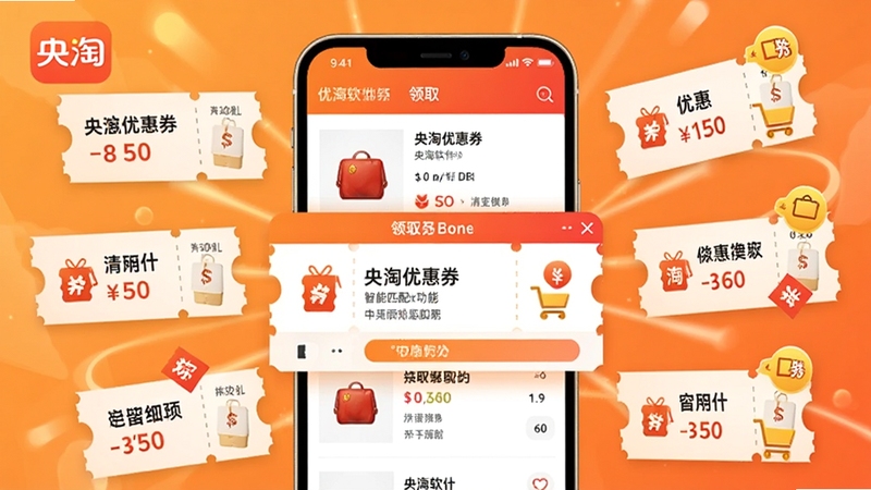 央淘优惠券智能匹配功能示意图,画面中央是手机屏幕显示商品详情页与弹出优惠券领取窗口,周围环绕着各类优惠券图标与折扣标签,背景为暖橙色渐变,营造省钱实惠的购物氛围,带央淘软件名称