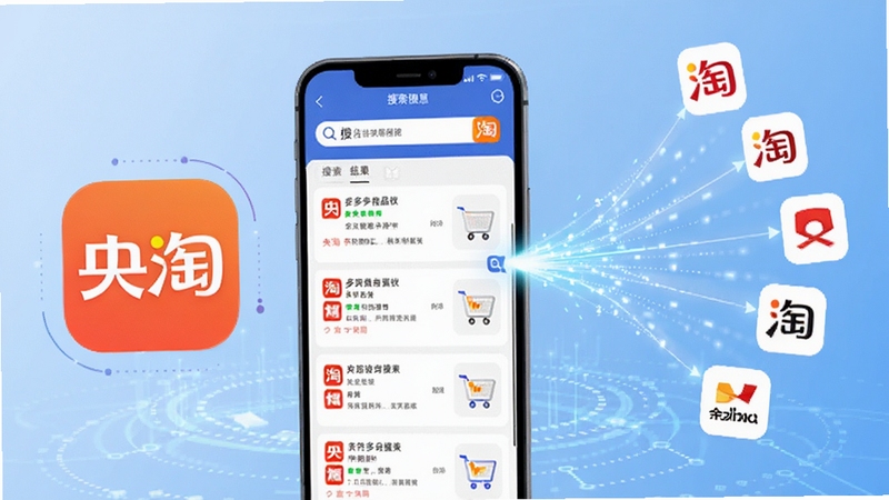 央淘多平台商品聚合搜索功能展示图,画面主体为手机屏幕呈现搜索结果列表,左侧是央淘APP图标,右侧是多个电商平台图标汇聚成搜索光束,背景为科技感浅蓝色调,突出信息整合与高效检索的视觉感受