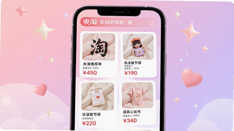 央淘个性化商品推荐界面展示图,画面为手机屏幕呈现个性化推荐商品卡片流,每张卡片包含商品图片、名称与价格,背景为柔和粉紫色调,点缀星光与爱心元素,突出智能推荐与贴心服务的视觉主题