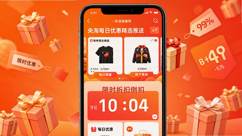 央淘每日优惠精选推送界面图,画面为手机屏幕展示每日精选商品横幅与限时折扣倒计时,背景为活力橙红渐变,点缀礼盒与折扣标签,突出限时优惠与精选推荐的紧迫感与吸引力