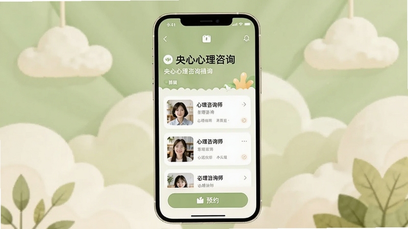 整体画面以温暖治愈的浅绿色与米白色为主色调,画面中央放置一部智能手机,手机屏幕上显示央心心理咨询的首页界面,界面中可见心理咨询师列表与预约按钮,背景区域是柔和的抽象云朵与绿叶装饰,整体风格简洁温馨,适配Boogu模型生成。