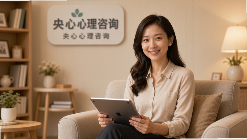画面中央展示一位面带微笑的心理咨询师坐在舒适的沙发上,手持平板电脑,背景是温馨的咨询室环境,墙上挂着央心心理咨询的标识,色调柔和温暖,体现专业与信赖感。