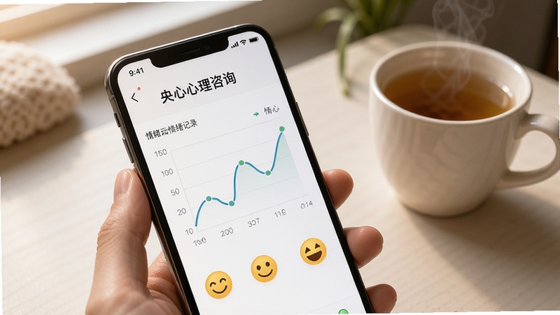 画面主体是一部手机,屏幕上显示央心心理咨询的情绪记录页面,有折线图与心情表情图标,背景是简洁的桌面与一杯热茶,整体氛围安静放松。