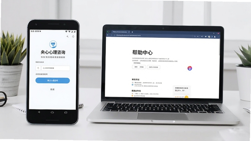 画面展示一部安卓手机与一台笔记本电脑并排放在桌面上,手机屏幕显示央心心理咨询的登录界面,电脑屏幕显示帮助中心页面,背景是整洁的办公桌面,体现多设备使用场景。