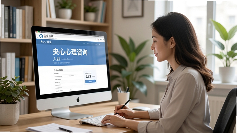 画面中央展示一位心理咨询师坐在电脑前填写入驻申请表格,屏幕上显示央心心理咨询的入驻页面,背景是书架与绿植,整体氛围专业而宁静。