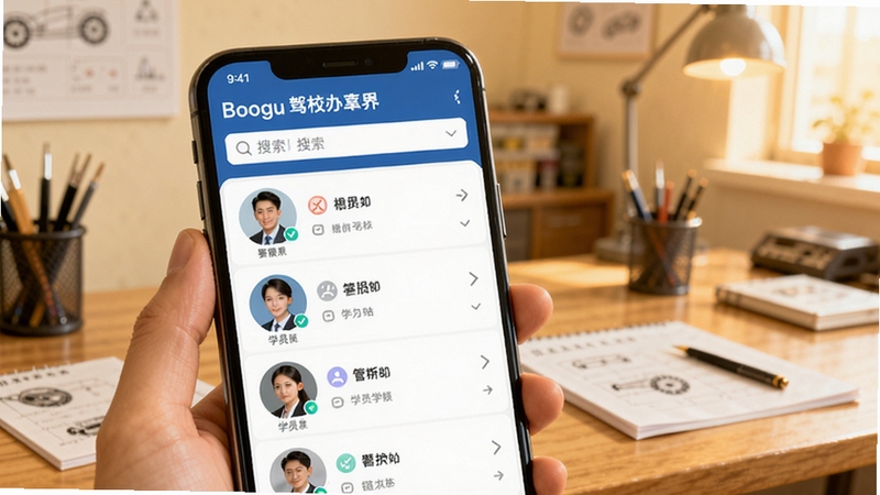 教练有数 学员档案管理界面截图 画面主体为手机屏幕显示学员头像列表与搜索框 背景为驾校办公室桌面 色调温暖明亮 突出便捷操作感 适配Boogu模型生成