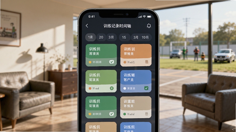 教练有数 训练记录时间轴界面 画面主体为手机屏幕显示按日期排列的训练卡片 背景为驾校训练场休息区 光线柔和 突出记录便捷性 适配Boogu模型生成