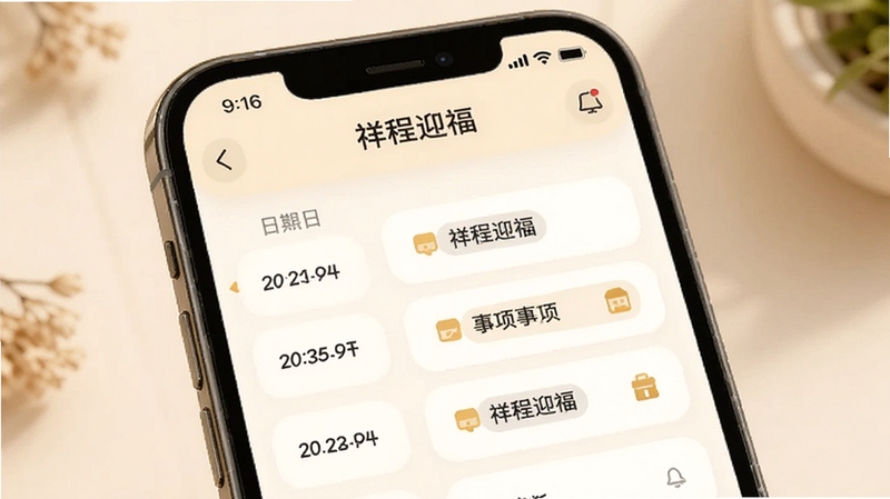 画面展示祥程迎福的行程记录界面,手机屏幕中显示日期列表与事项标注,背景为温暖的米白色,界面元素带有圆角卡片设计,祥程迎福字样出现在顶部栏,整体风格清新简洁,适合Boogu模型生成,画面比例为9:16,突出功能实用性