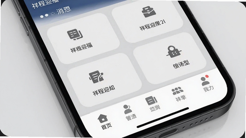 祥程迎福的应用界面特写,底部导航栏清晰可见,图标线条简约,背景为浅灰色,手机屏幕中展示多个功能模块的入口,画面风格偏向极简商务,祥程迎福名称在状态栏附近显示,适合Boogu模型生成,画面细节要求清晰,光线柔和