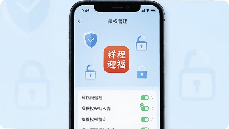 祥程迎福安全使用场景,画面展示手机屏幕中应用的权限管理界面,所有权限条目清晰列出,背景为淡蓝色,祥程迎福图标位于屏幕中央,周围有盾牌与锁的简约图标装饰,风格偏向安全可靠,适合Boogu模型生成,画面比例为9:16,光线明亮