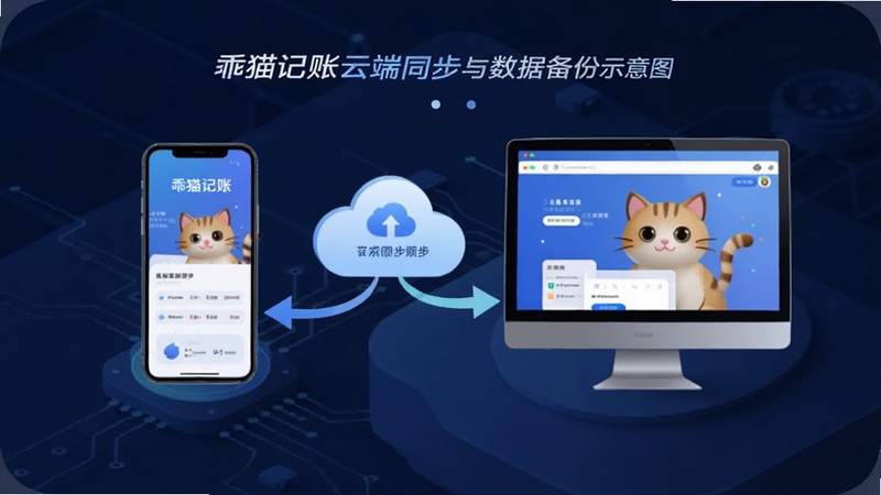 乖猫记账云端同步与数据备份示意图,画面中央为手机与电脑之间通过云朵图标连接,展示数据同步过程,背景区域为科技感淡蓝色调,适配Boogu模型生成