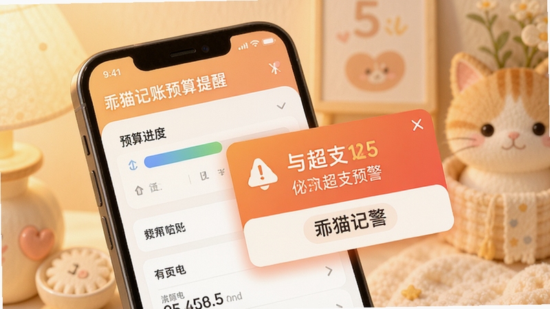 乖猫记账预算提醒功能界面,画面主体为手机屏幕中展示预算进度条与超支预警提示弹窗,背景区域为柔和暖色调,突出提醒功能的视觉冲击力,适配Boogu模型生成