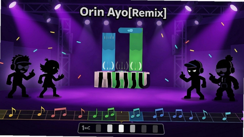 Orin Ayo[Remix]ģ���������չʾ���������������ֽ�����Ϸ���˵�������Ϊ����ɫ������̨�ƹ⣬�������п�ͨ����ɫ��Ӱ���ײ�����������ͽ���ָʾ���������Χ����ʮ�㣬����Booguģ������