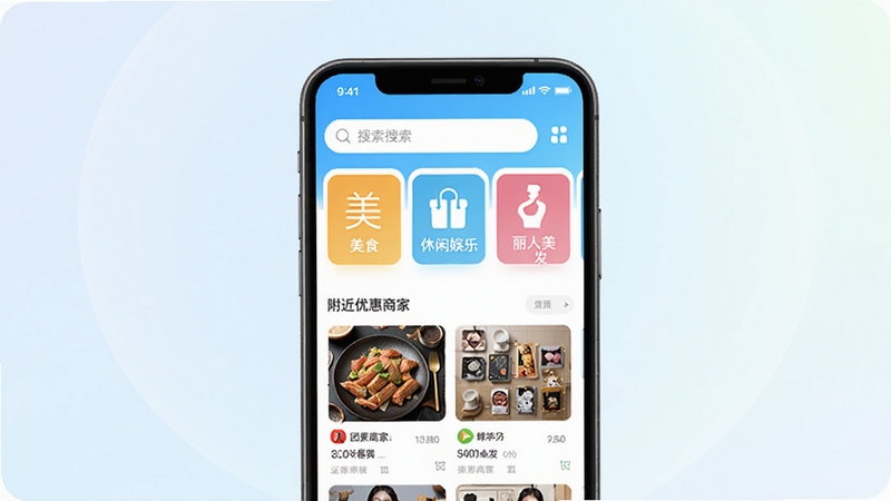 团券应用主界面展示,画面中央是手机屏幕,屏幕内显示团券APP首页,顶部搜索框,中部是美食、休闲娱乐、丽人美发等分类图标,下方是附近优惠商家列表,背景为浅色渐变,整体风格清新简洁,突出团券品牌标识