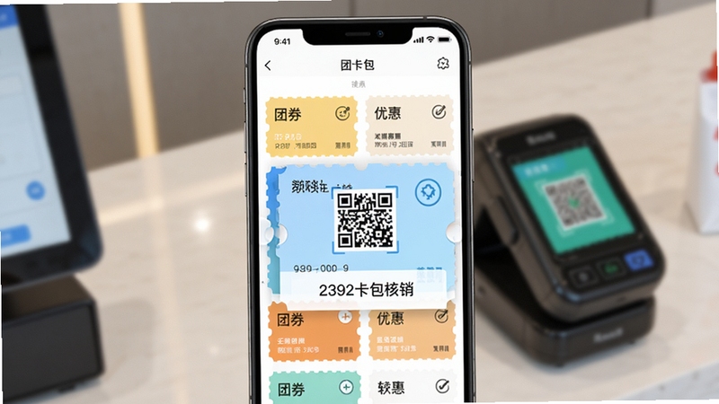团券一键领券与卡包核销界面,画面中央是手机屏幕显示团券卡包页面,多张优惠券整齐排列,其中一张券放大显示二维码和数字核销码,背景为收银台或商家扫码设备,风格简洁实用,突出团券便捷核销流程