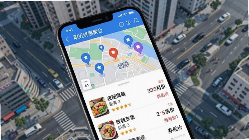 团券附近优惠聚合界面,画面展示手机屏幕中团券APP的地图定位与商家列表,地图上有多个商家标记点,列表显示商家名称、距离、评分和券后价,背景为城市街区俯视图,风格现代明快,突出团券智能定位与海量优惠聚合功能