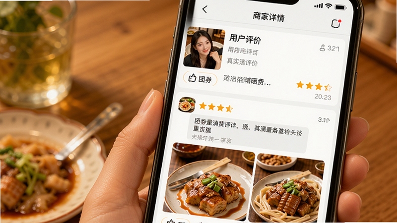团券用户评价与晒图界面,画面展示手机屏幕中团券APP的商家详情页,下方是用户评价列表,包含星级评分、文字评价和美食实拍图,背景为暖色调,风格真实亲切,突出团券真实评价辅助消费决策