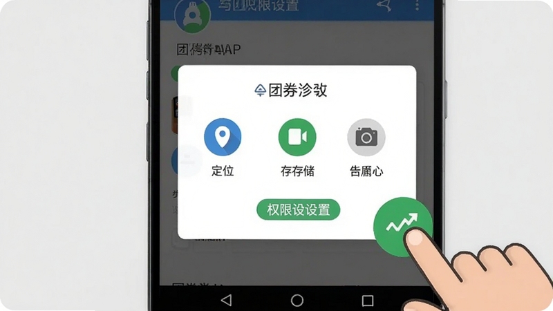 团券安装与权限设置示意图,画面展示安卓手机屏幕,屏幕中显示团券APP的权限请求弹窗,包括定位、存储、相机等权限图标,旁边有手指点击允许的示意,背景为浅灰色,风格清晰明了,突出团券安装权限设置步骤