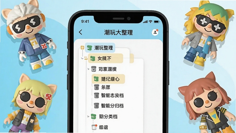 潮玩大整理 智能分类归档功能界面 手机屏幕显示多层分类目录 周围环绕各类潮玩公仔 扁平化UI设计风格 明亮色调