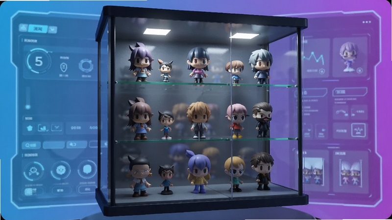 潮玩大整理 3D展示柜模拟效果 虚拟玻璃柜中陈列多款盲盒手办 灯光照射下质感细腻 科技感界面 蓝紫渐变背景