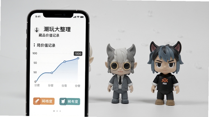 潮玩大整理 藏品价值记录页面 手机界面显示价格曲线与稀有度标签 旁边摆放潮玩实物 简约商务风格 浅灰背景