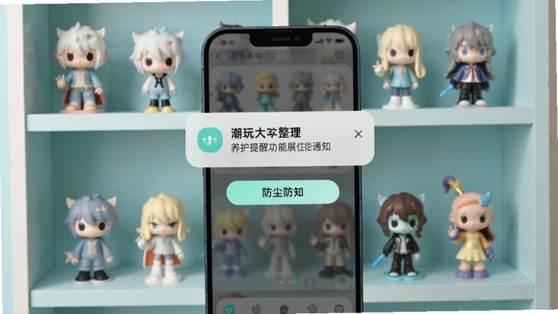 潮玩大整理 养护提醒功能展示 手机弹出防尘防潮通知 背景是摆放整齐的潮玩展示架 清新浅色风格 柔和光线