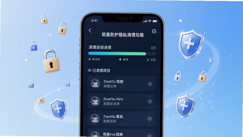 筑盾防护隐私清理功能界面,画面主体为手机屏幕显示清理进度条与已清理项目列表,屏幕周围有细小的锁形图标和盾牌元素漂浮,背景为柔和的蓝色渐变,整体传递安全与洁净的视觉感受