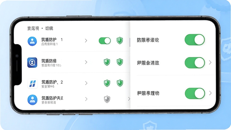 筑盾防护应用权限管理界面展示,画面中手机屏幕显示应用列表与权限开关按钮,每个应用旁有盾牌图标标识安全等级,背景为白色与浅蓝搭配,整体风格清爽、条理分明