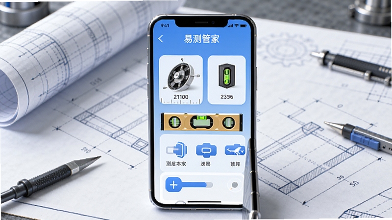 画面中央展示一部智能手机,手机屏幕上显示易测管家的测量界面,有角度仪、水平仪等UI元素,背景是简洁的工程图纸桌面,整体色调以蓝色和白色为主,科技感与专业感并存,高清渲染,适合软件下载站展示