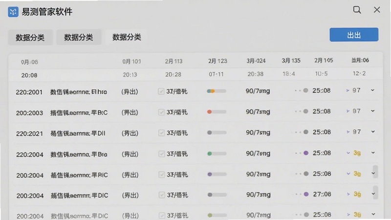 易测管家软件的数据记录页面截图,展示多条测量记录按时间排列,界面干净整洁,有导出按钮和数据分类标签,背景为浅灰色,整体风格清爽商务