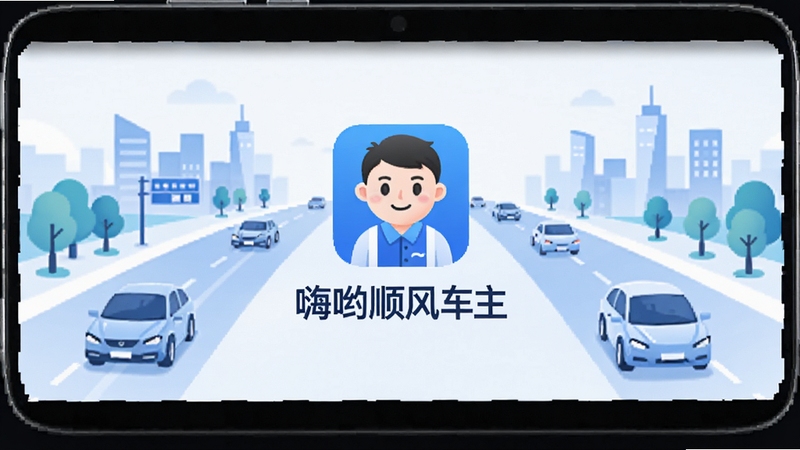 软件主界面全景展示,画面中央为嗨哟顺风车主APP图标与名称,背景区域呈现城市道路与车辆行驶的简洁插画风格,整体色调以蓝白为主,突出出行与合乘主题