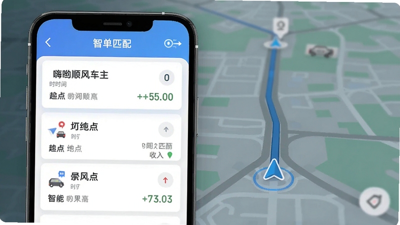 嗨哟顺风车主APP订单列表界面,展示多条顺路订单卡片,包含起点终点、时间、收入信息,背景为手机屏幕与地图导航元素,突出智能匹配功能