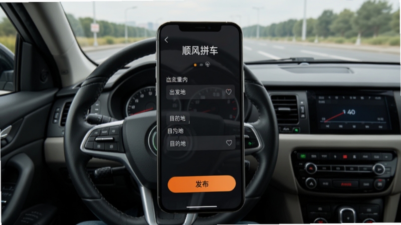 顺风拼车出行车主应用内一键发布行程功能的界面截图,画面展示手机屏幕上一名车主正在输入出发地与目的地信息,背景是车内驾驶座视角,方向盘与仪表盘清晰可见,屏幕内发布按钮高亮显示,整体风格简洁现代,适合用于功能介绍配图