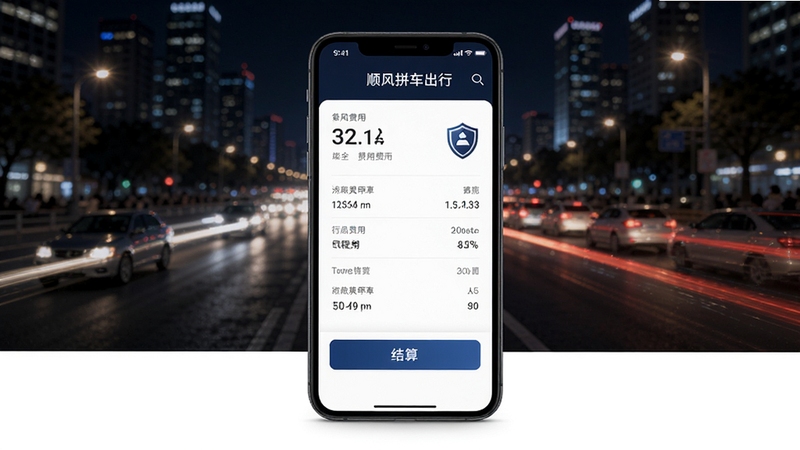 顺风拼车出行车主费用结算页面展示图,画面中央是手机屏幕显示行程费用明细与结算按钮,背景是城市夜景与车流灯光,屏幕内数字清晰可见,整体色调偏深色商务风格,突出安全可靠的品牌形象