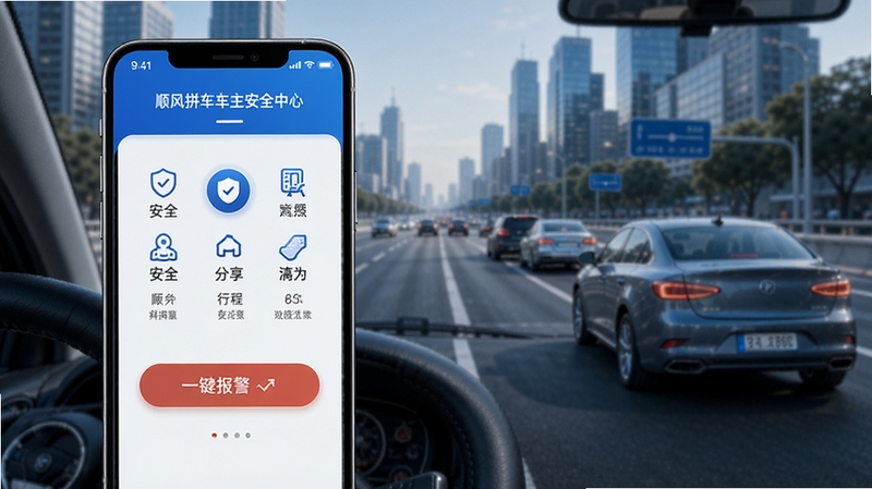 顺风拼车出行车主安全中心功能界面展示图,画面展示手机屏幕上的行程分享与一键报警按钮,背景是城市道路与车辆,屏幕内安全功能图标清晰可见,整体色调以蓝色和白色为主,突出安全可靠的视觉感受,适合用于安全功能介绍配图