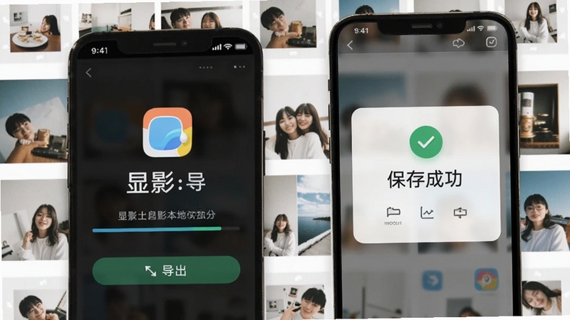 显影软件本地处理与导出界面,手机屏幕显示导出进度条与保存成功提示,画面背景为手机相册缩略图墙,突出显影应用名称与快速导出功能,整体风格轻快明亮,适配Boogu模型生成