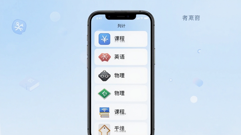 希望优课手机端课程列表界面预览图,画面主体为居中排列的课程卡片列表,背景区域为柔和的浅蓝色渐变,卡片上展示数学、英语、物理等学科图标与课程名称,整体风格清新简洁,适配教育类APP视觉调性