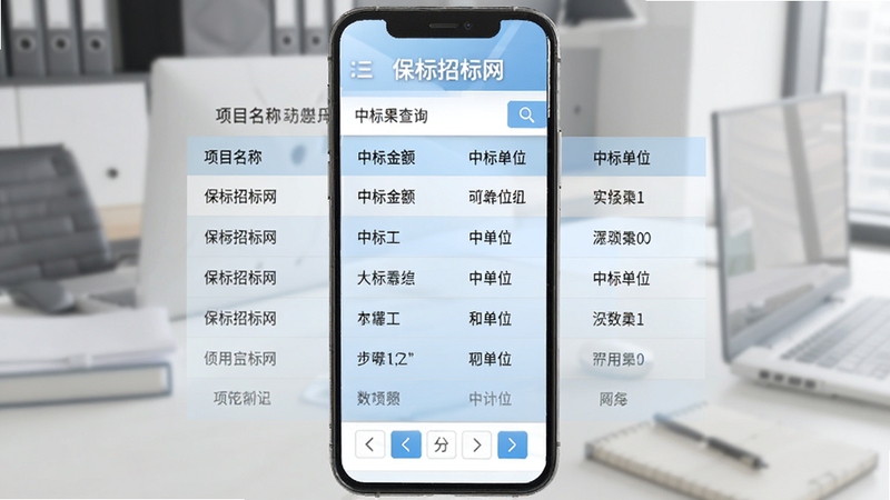 保标招标网中标结果查询界面,手机屏幕显示一个表格样式的数据列表,包含项目名称、中标金额、中标单位等信息,背景为淡蓝色渐变,底部有分页导航按钮,整体风格清晰易读,适合商务办公场景。