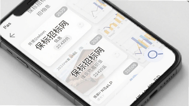 保标招标网应用界面截图风格,画面展示手机屏幕内呈现多个招标信息卡片,卡片上有醒目的标题和日期标签,背景为柔和的白色与浅灰色拼接,旁边有一个放大镜图标代表搜索功能,整体设计简洁现代,商务感强。