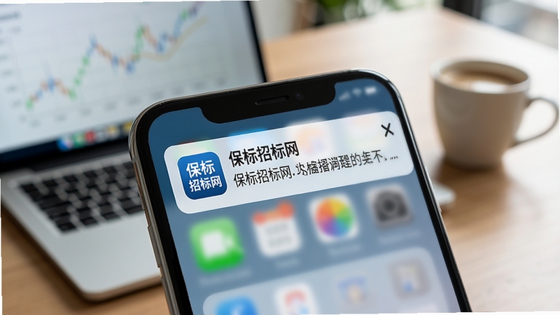 手机通知栏弹出保标招标网的新消息提醒,画面主体为一部手机屏幕顶部显示推送通知卡片,卡片上有保标招标网的图标和文字摘要,背景为模糊的办公桌场景,有笔记本电脑和咖啡杯,营造真实使用环境。