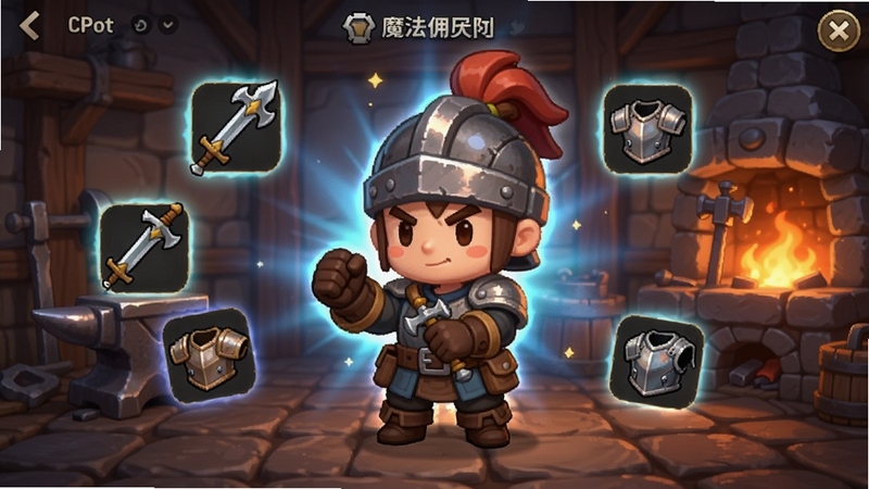 ħ��Ӷ���Ž�ɫ���ɽ��棬չʾһ��Q��սʿӶ�����ڴ���װ������ΧƯ���������ͷ���ͼ�꣬�����������̷����ǿ����â��Ч������ϸ�ڷḻ