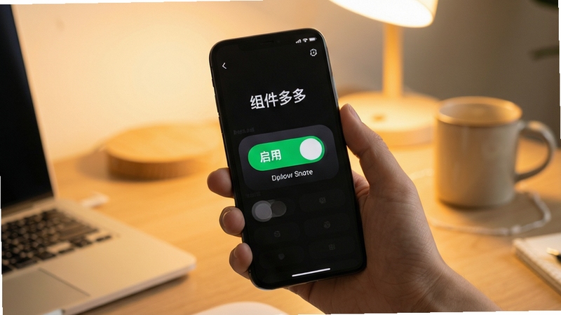 组件多多一键禁用与恢复功能展示,画面中一只手拿着手机,手机屏幕上显示组件多多应用内的开关按钮,绿色代表启用灰色代表禁用,背景为柔和的暖色调桌面环境