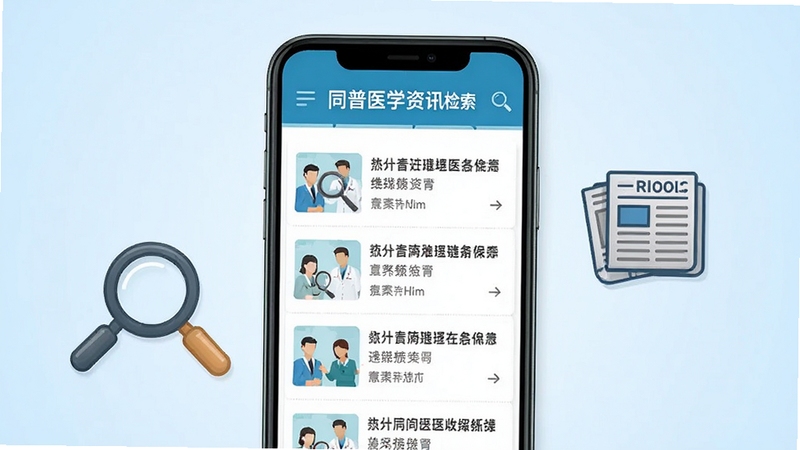 同普医学资讯页面展示,画面主体为手机屏幕内排列整齐的医学新闻列表,背景区域为淡蓝色渐变,屏幕旁有放大镜与报纸图标点缀,体现信息聚合与检索功能,风格简洁明快