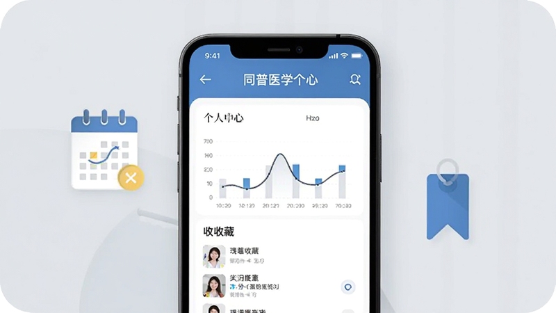 同普医学个人中心页面,画面主体为手机屏幕展示学习数据统计图表与收藏列表,背景区域为柔和灰色调,屏幕旁有日历与书签图标,体现学习管理功能,风格简约商务