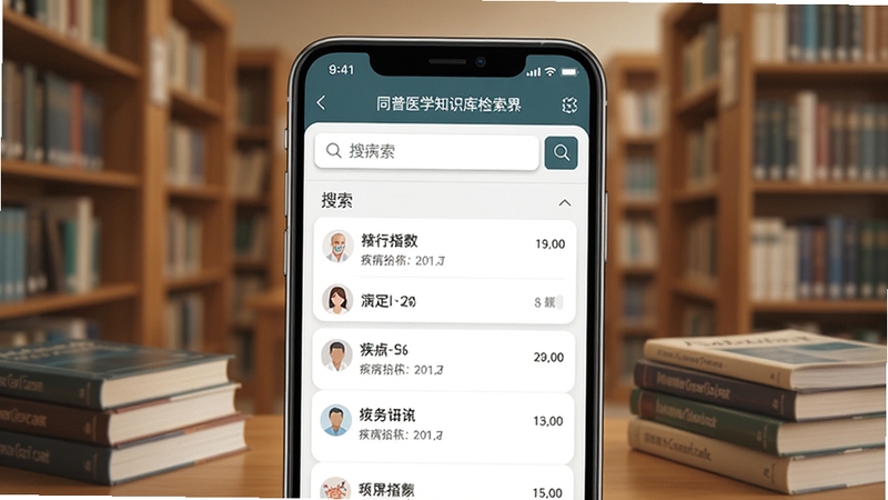 同普医学知识库检索界面,画面中央为手机屏幕显示疾病名称搜索框与结果列表,背景区域为医学图书馆场景,书架与医学期刊点缀,整体色调温暖专业,适配Boogu模型生成