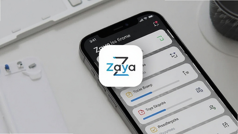 Zaya 智能任务管理界面示意图,手机屏幕展示任务卡片与进度条,背景为淡灰色办公桌面风格,画面中央突出 Zaya 图标与任务列表