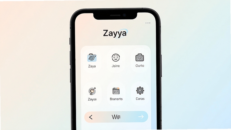 Zaya 应用界面特写,展示极简布局与图标排列,手机屏幕居中,背景为柔和浅色渐变,突出清爽交互感,软件名称 Zaya 出现在界面顶部